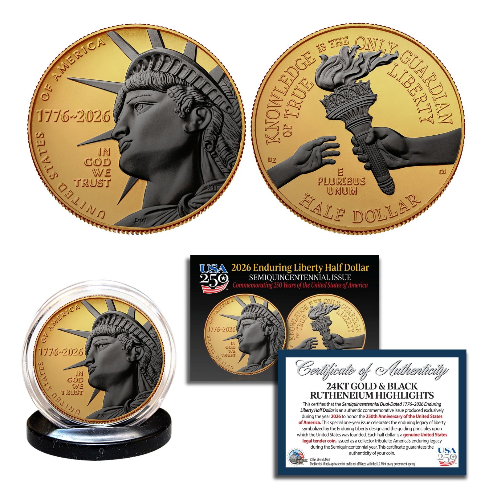 2026-P Enduring Liberty Half Dollar BU Coin America 250 24K Gold Black Ruthenium