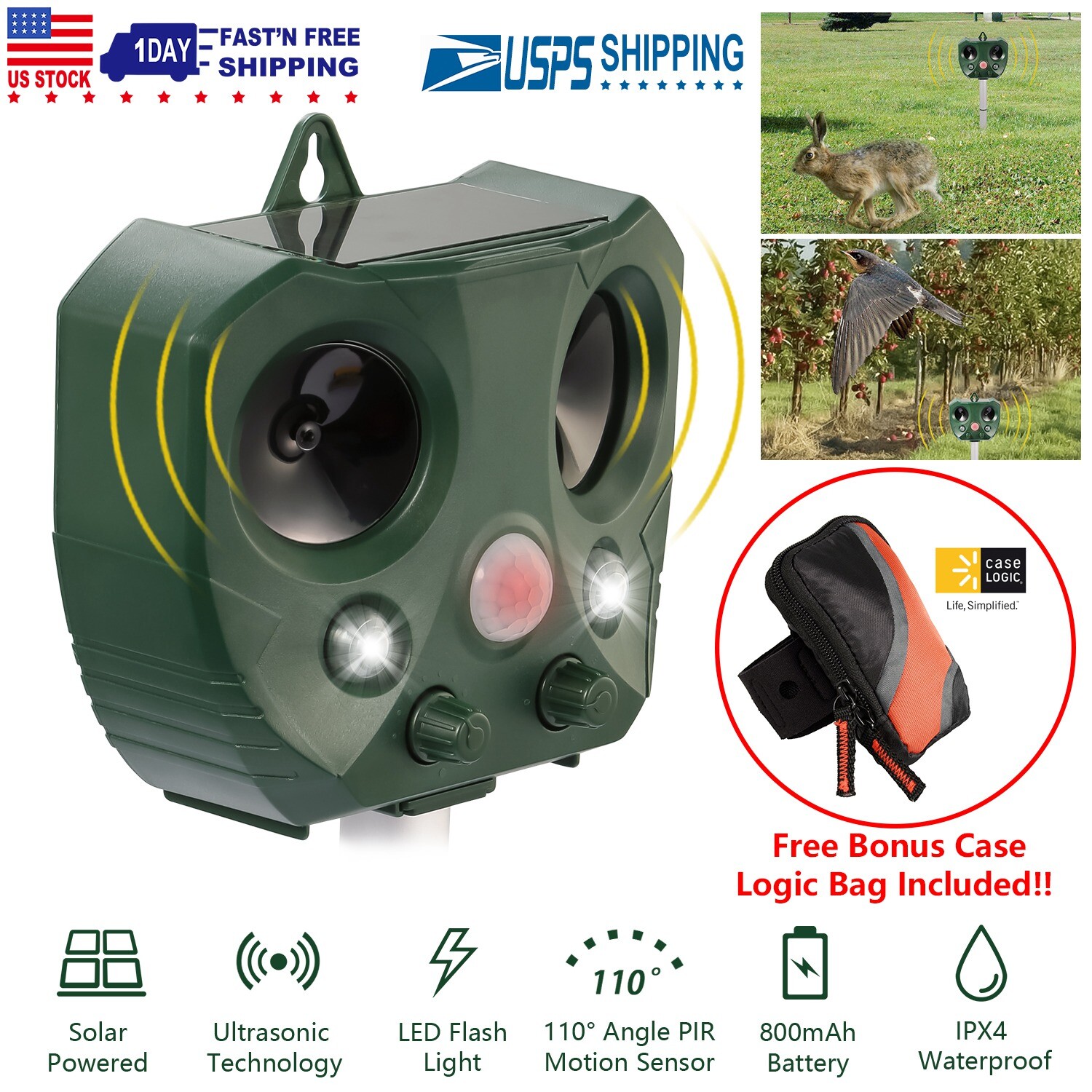 Solar Ultrasonic Pest Animal Repeller Cat Rodent Rat Squirrel Raccoon Control US