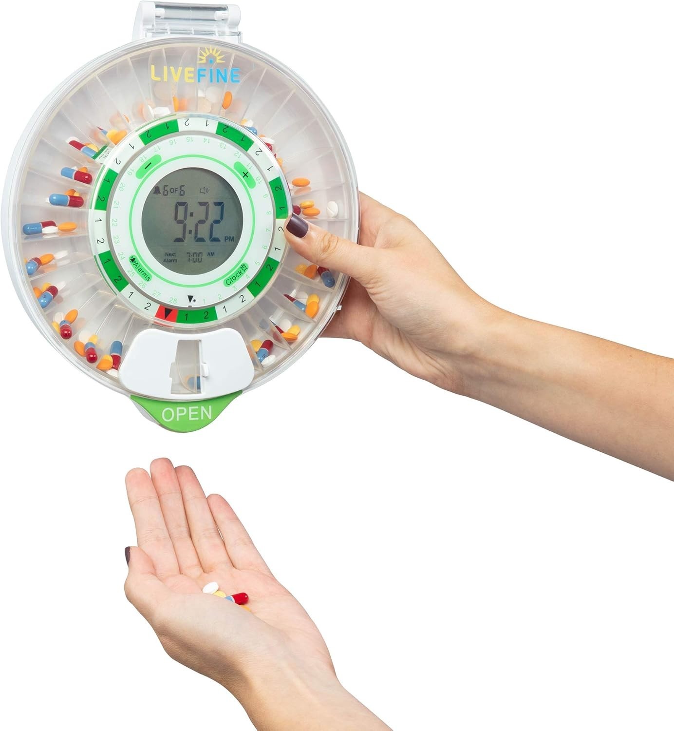 Automatic 28-Day Medication Organizer with Adjustable Sound and Visual Alarms