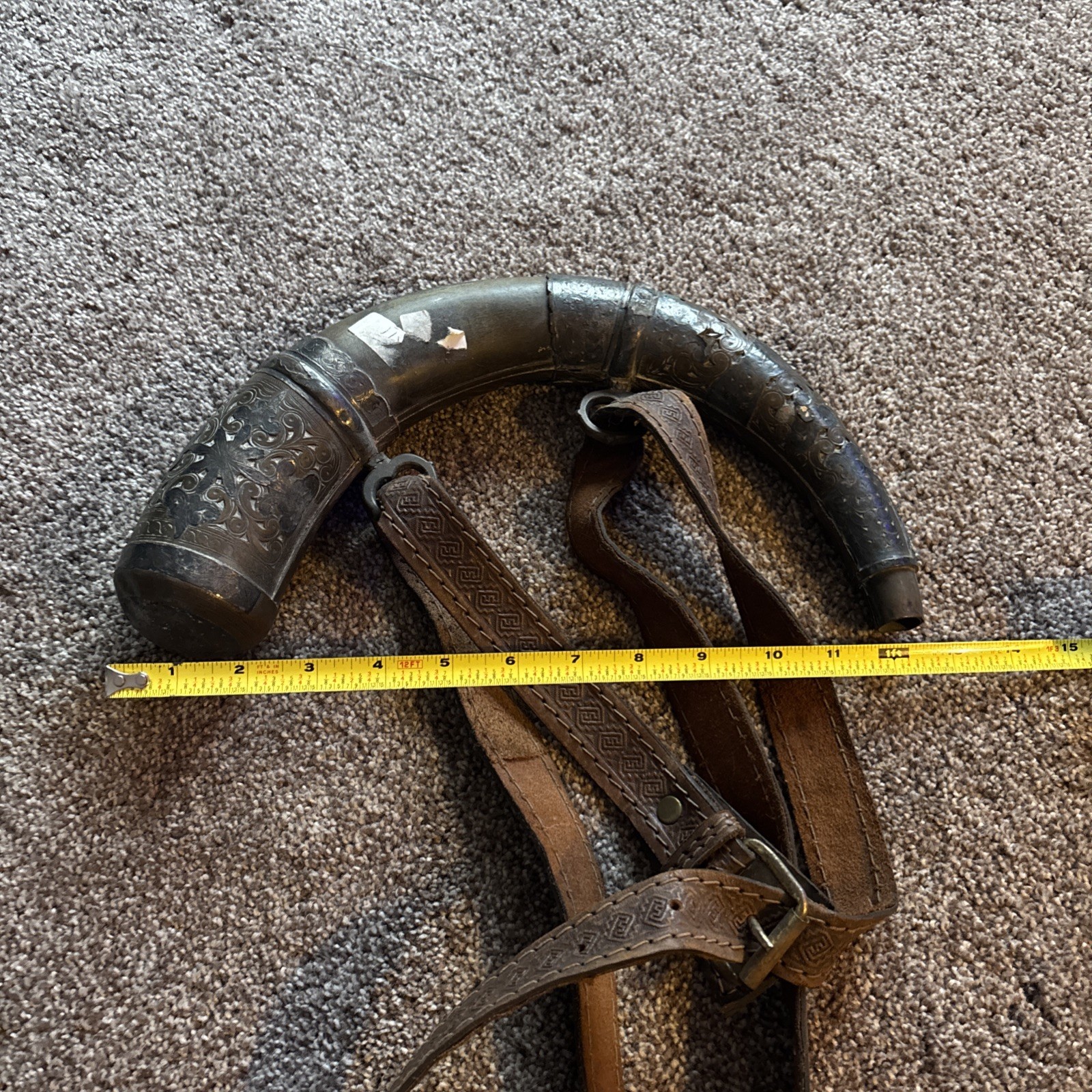 Vtg 12” Moroccan Wood POWDER HORN w/Brass Fittings & Leather Strap, Intricate