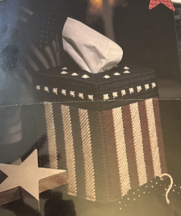 Vtg Rare Leisure Arts Stars and Stripes Needlepoint Tissue Box '95 Pattern 15545