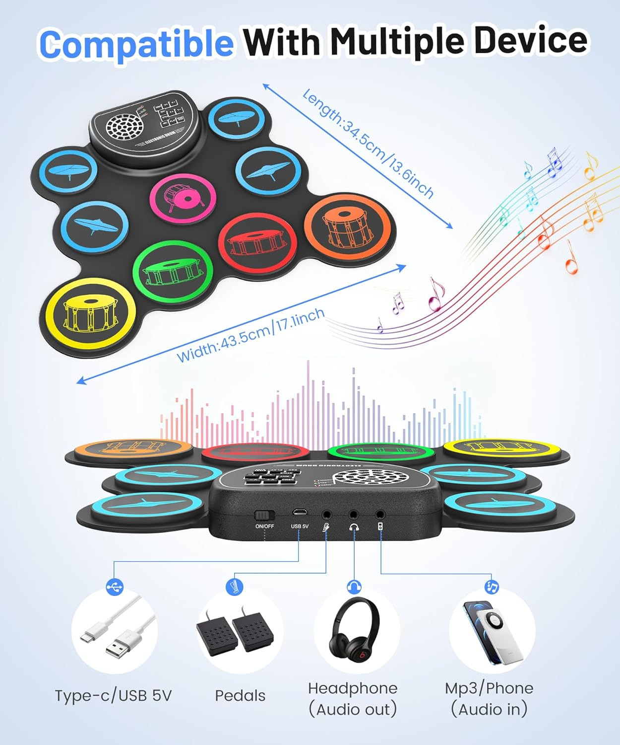 Sboet Electronic Drum Set, 9-Drum Practice Pad with Headphone Jack, Roll-Up Drum