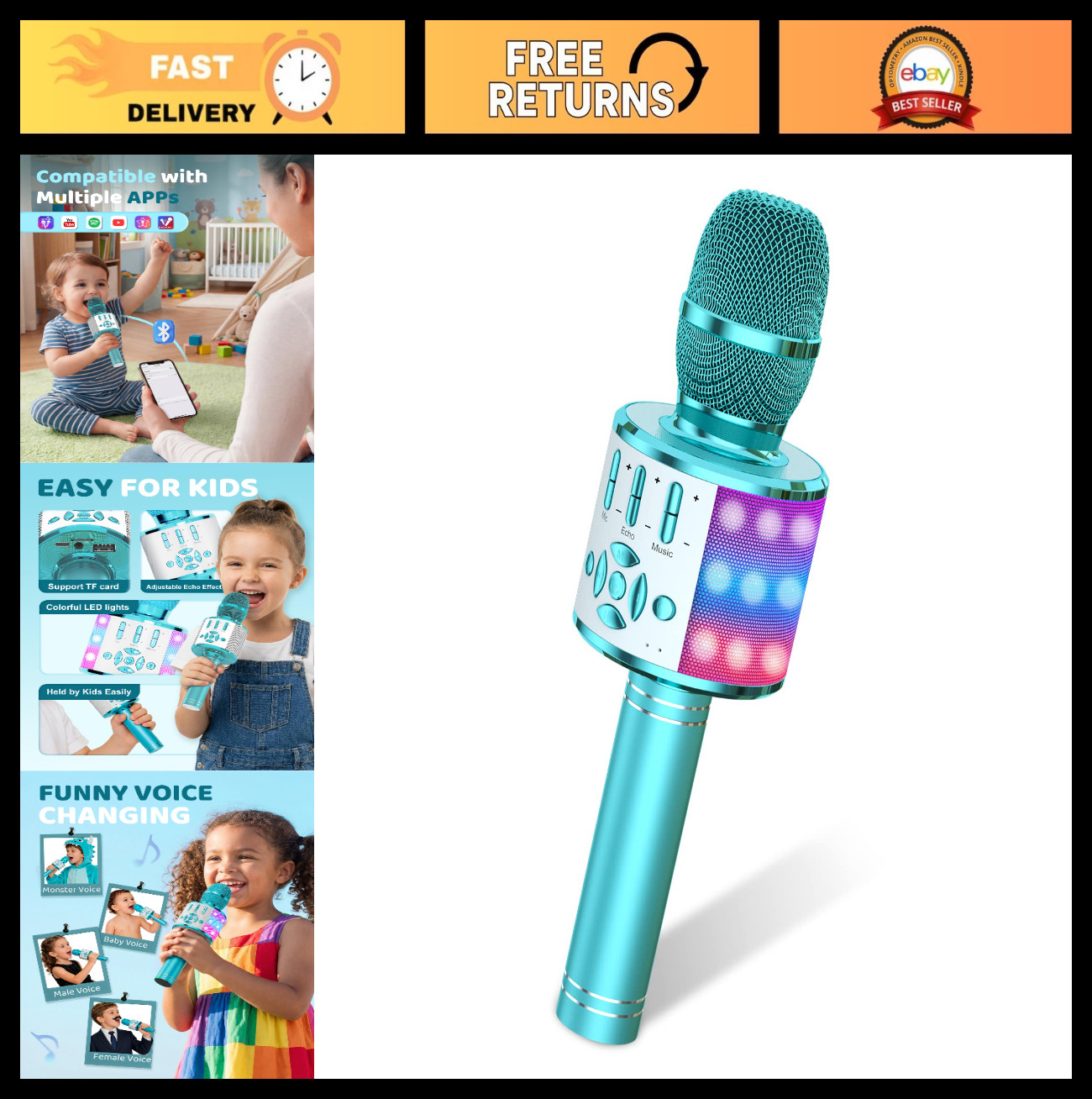 Bluetooth Karaoke Microphone for Kids with LED Lights - Fun Birthday Gift for Ag