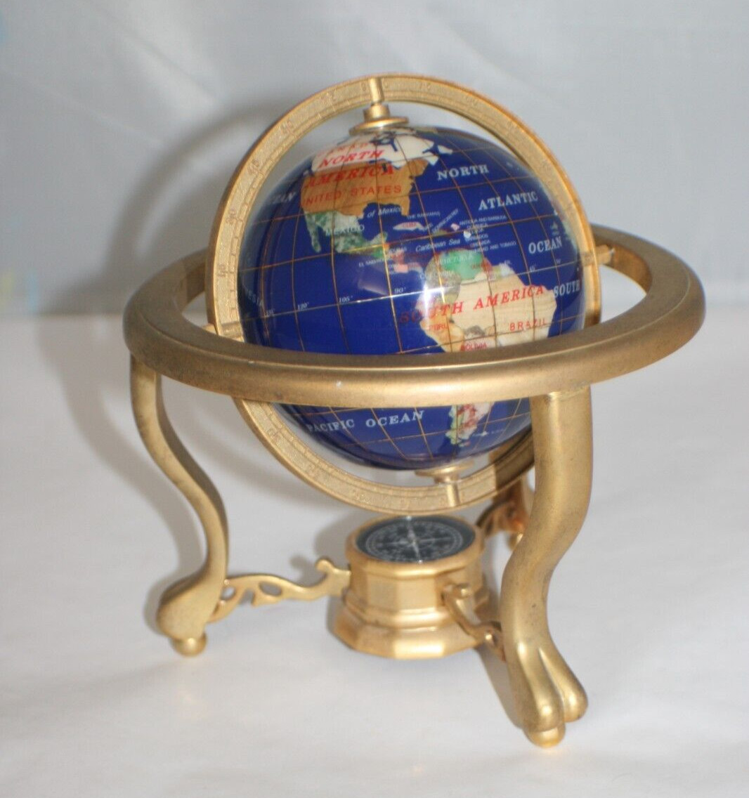 Vintage Blue Lapis Rotating Circling World Globe with Inlaid Gemstone Tabletop