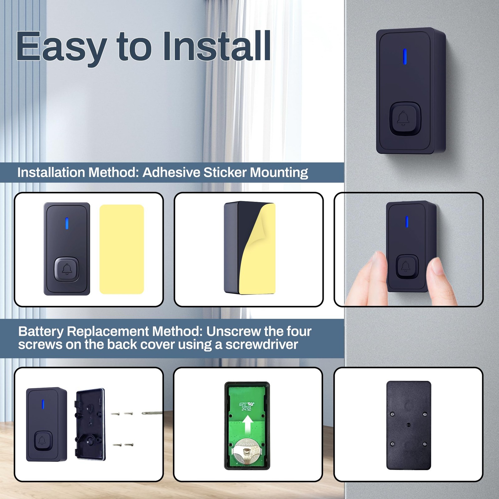 BN-LINK Wireless Doorbell with 2 Buttons, Mini 1 Receivers 2 Button, Black