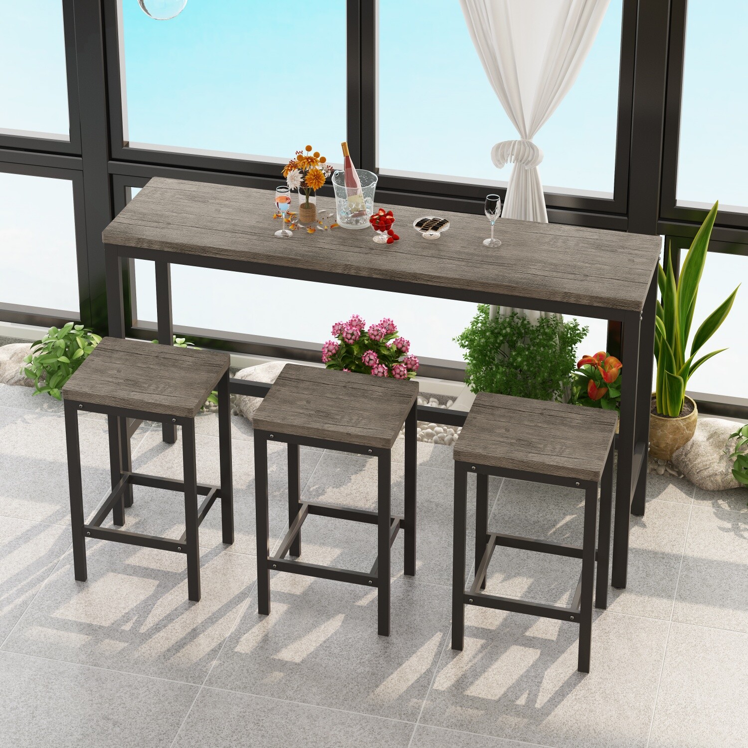 4 Piece Dining Table Set Table and 3 Stools Kitchen Breakfast Furniture US