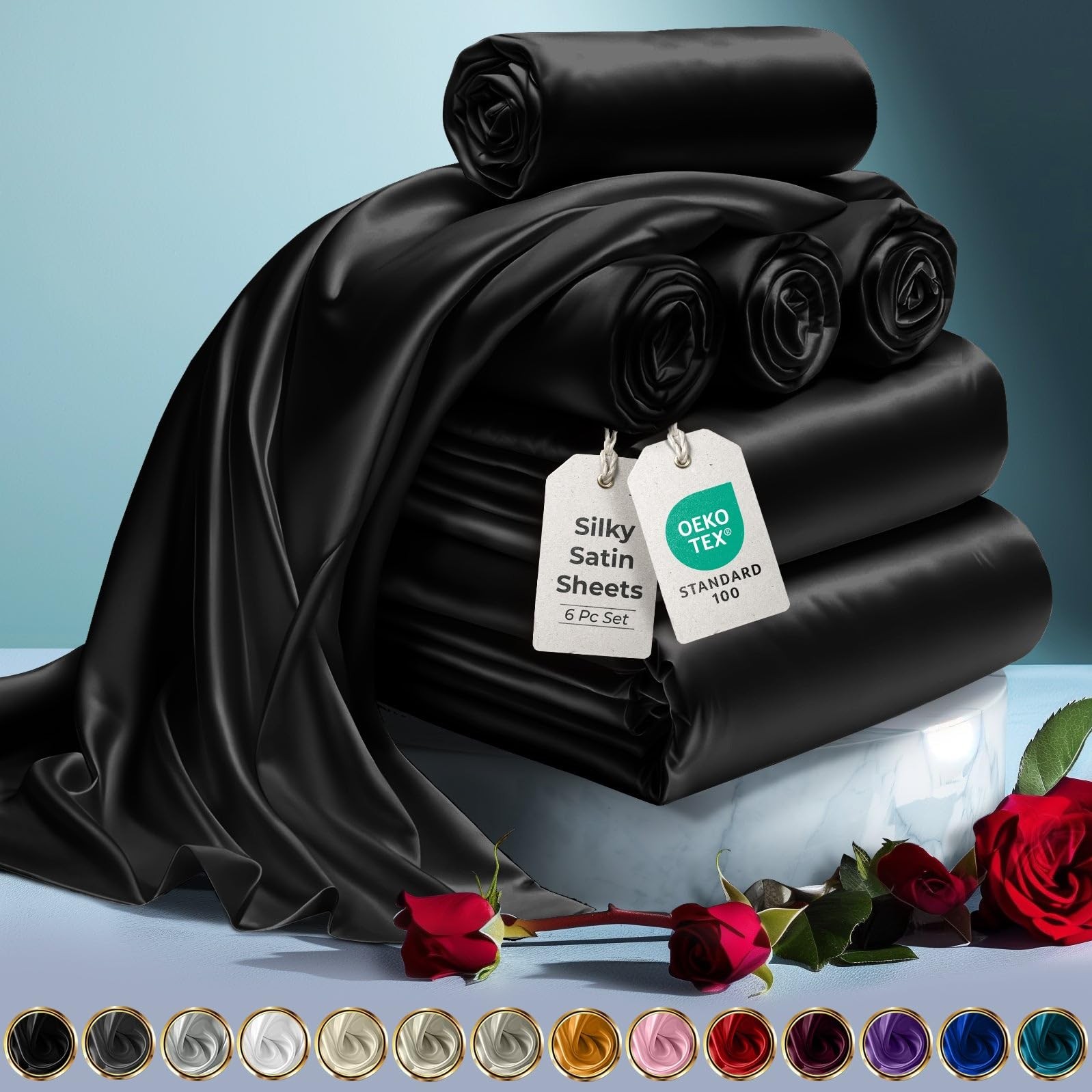 Satin Bed Sheets - 6 Piece Luxury Silky King Size Bedding Set - Softer Than S...