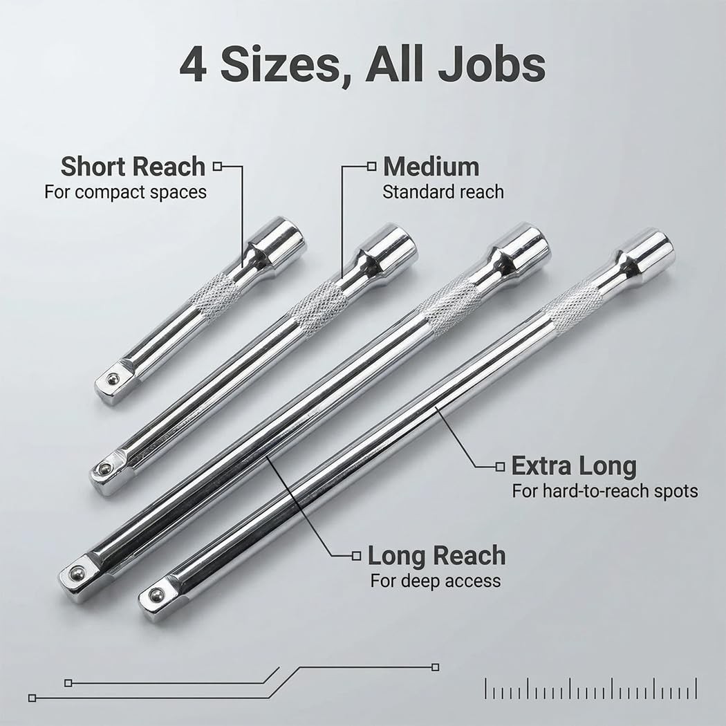Resze 4 Pcs 1/4" Socket Extension Set, Drive Impact Bar 4pc, Sliver