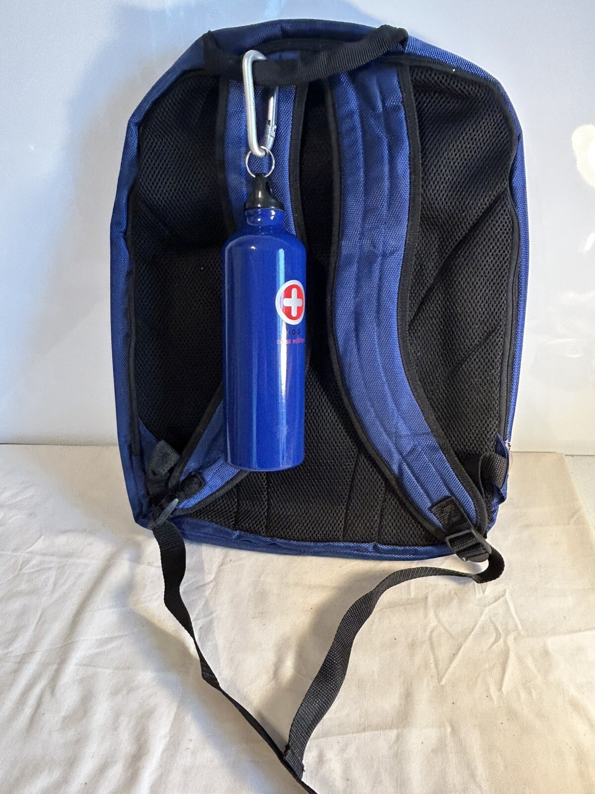 Blue/Grey NGG Swiss Edition Backpack with blue water bottle computer school