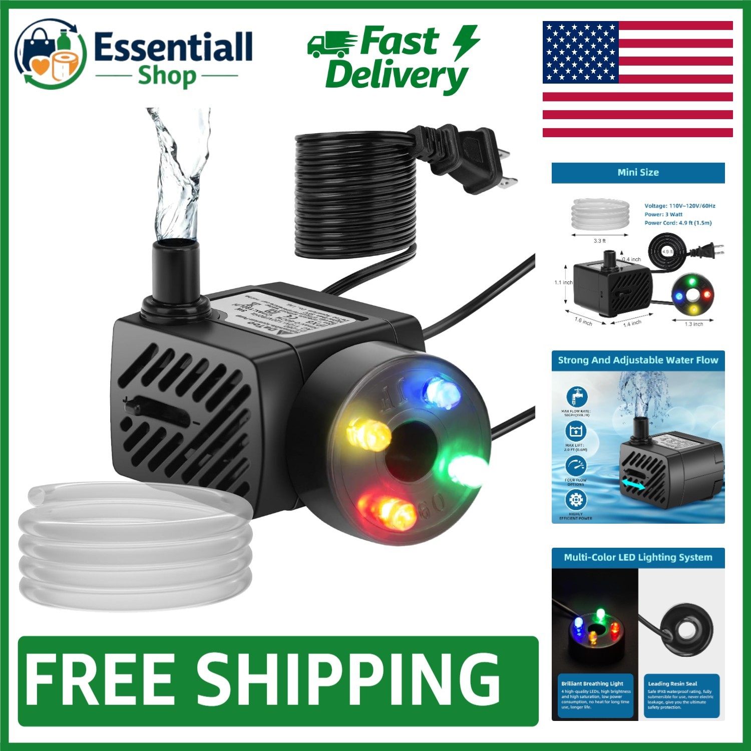 Mini Submersible Fountain Pump with LED Lights - 50GPH Ultra Quiet Water Feature