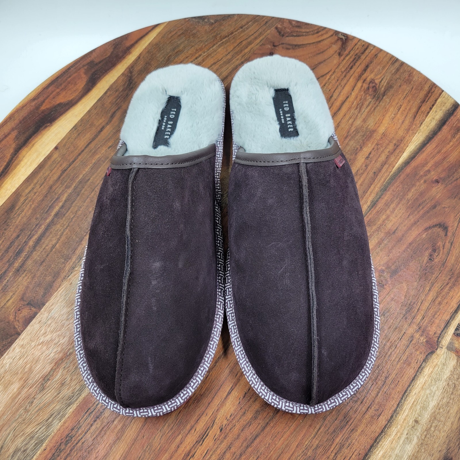 Ted Baker Peterr Slipper Shoes Men's 41 / 8 Brown Gray Suede Faux Fur Comfort