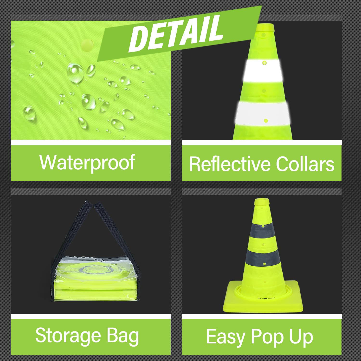18 Inch 2 Pack Collapsible Traffic Safety Cones, Lime Green Pop-Up Cones with...
