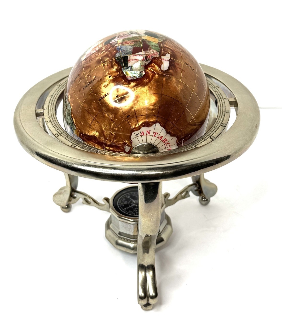 Vtg Kalifano Rotating Copper Amber Opalite Gemstone Globe Silver Stand