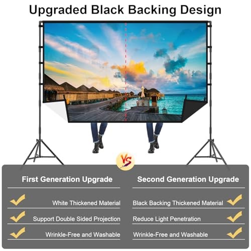 120" Projector Screen with Tripod Stand, Black Backing, 16:9, 160° View
