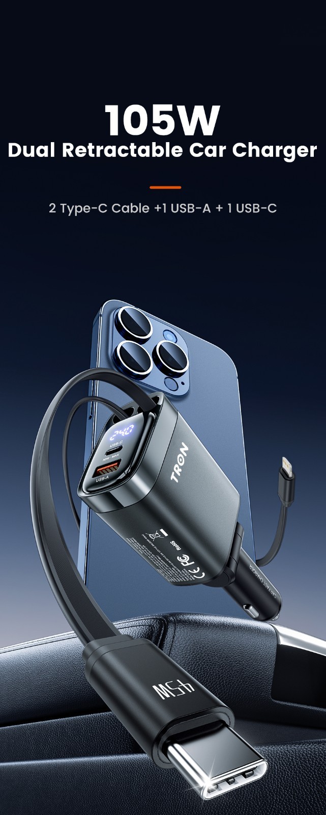 TRON 105W 4-in-1 Retractable Car Charger with LCD Display for iPhone & Android