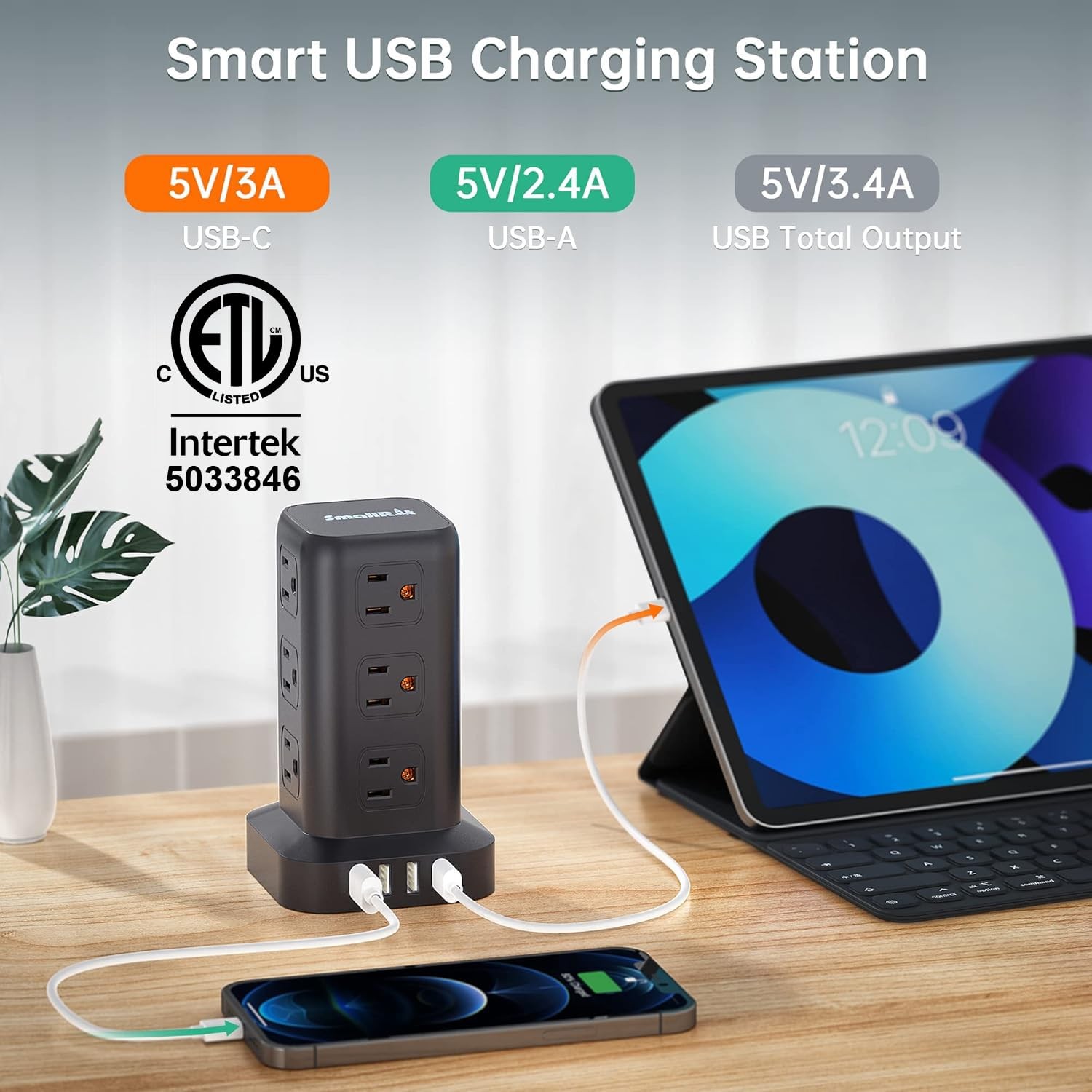 Power Strip Tower: 12 AC Outlets, 4 USB (incl. USB-C), Surge Protector, 6.5ft Co