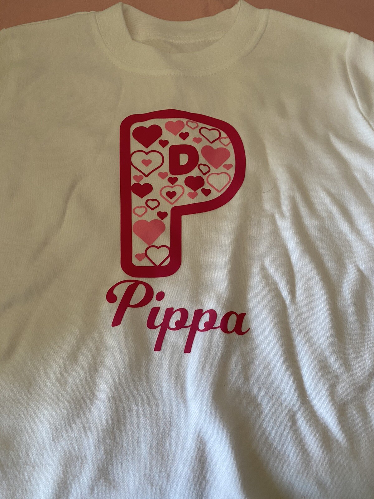 personlised baby T-shirt Pink Hearts “PIPPA” Baby Gift Girls 3-6  Months