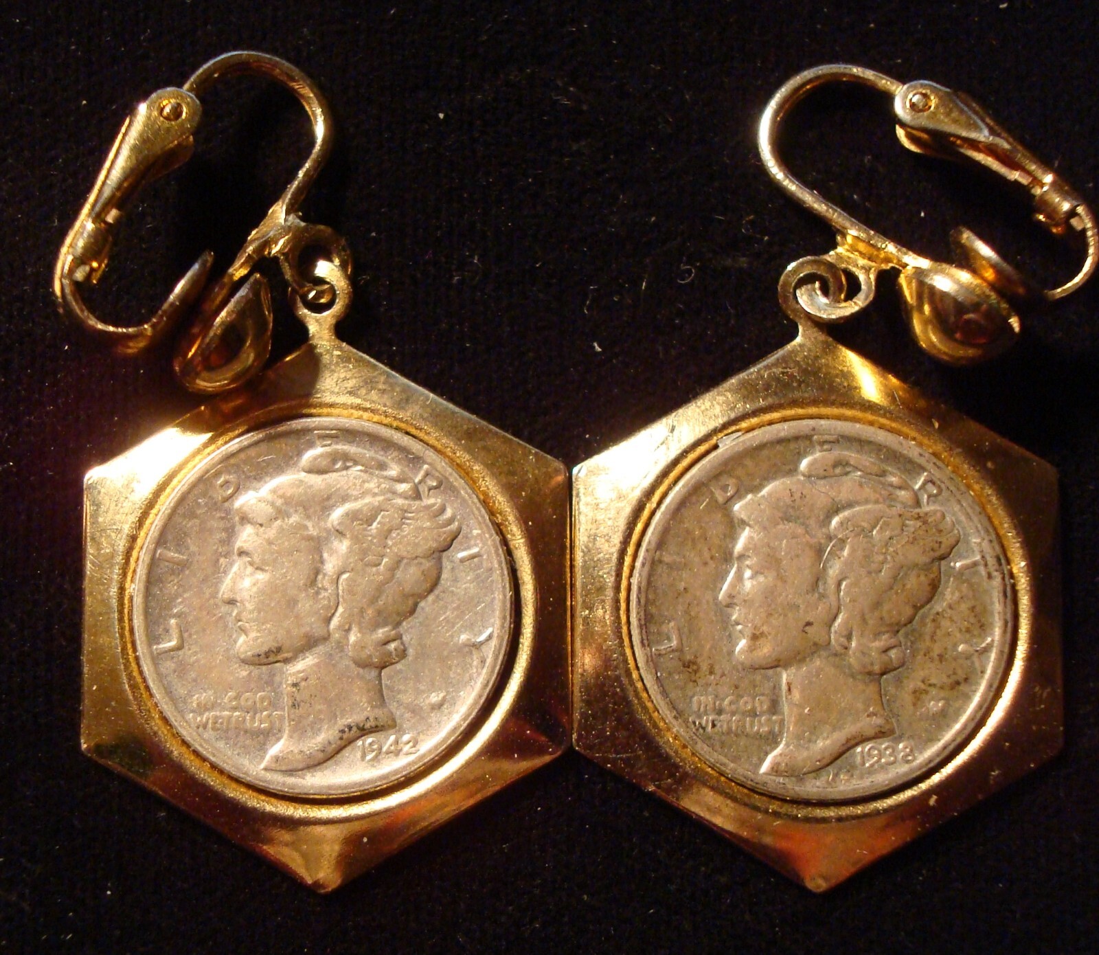 2 Mercury dime earrings nice fine grade 1938 and 1942