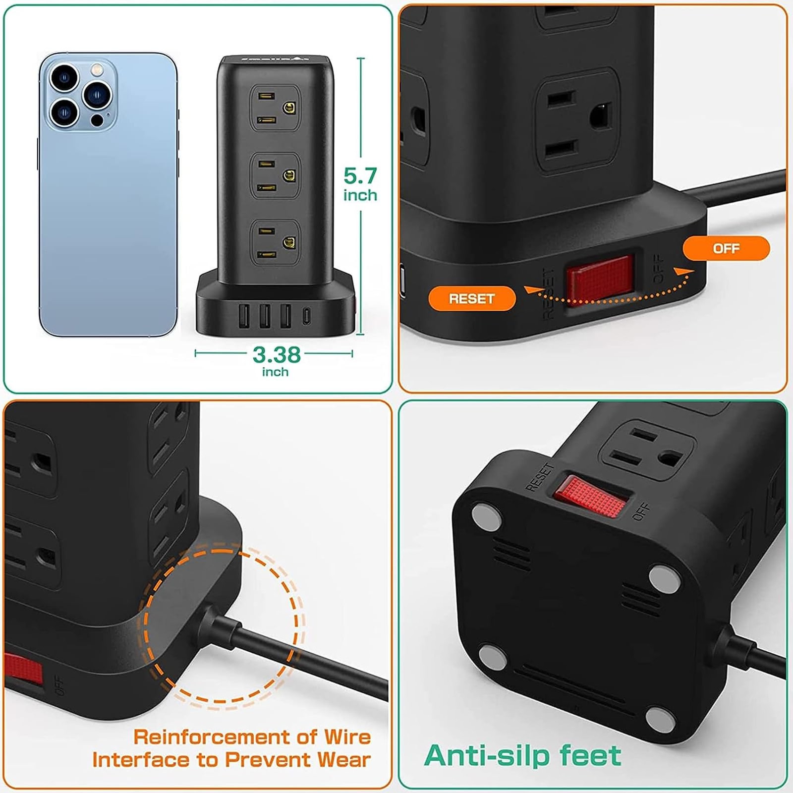 Power Strip Tower: 12 AC Outlets, 4 USB (incl. USB-C), Surge Protector, 6.5ft Co