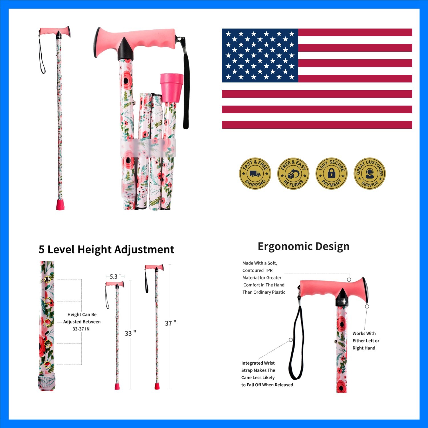 Walking Cane for Men and Women, Foldable | Lightweight Foldable, 5-Level Adju...