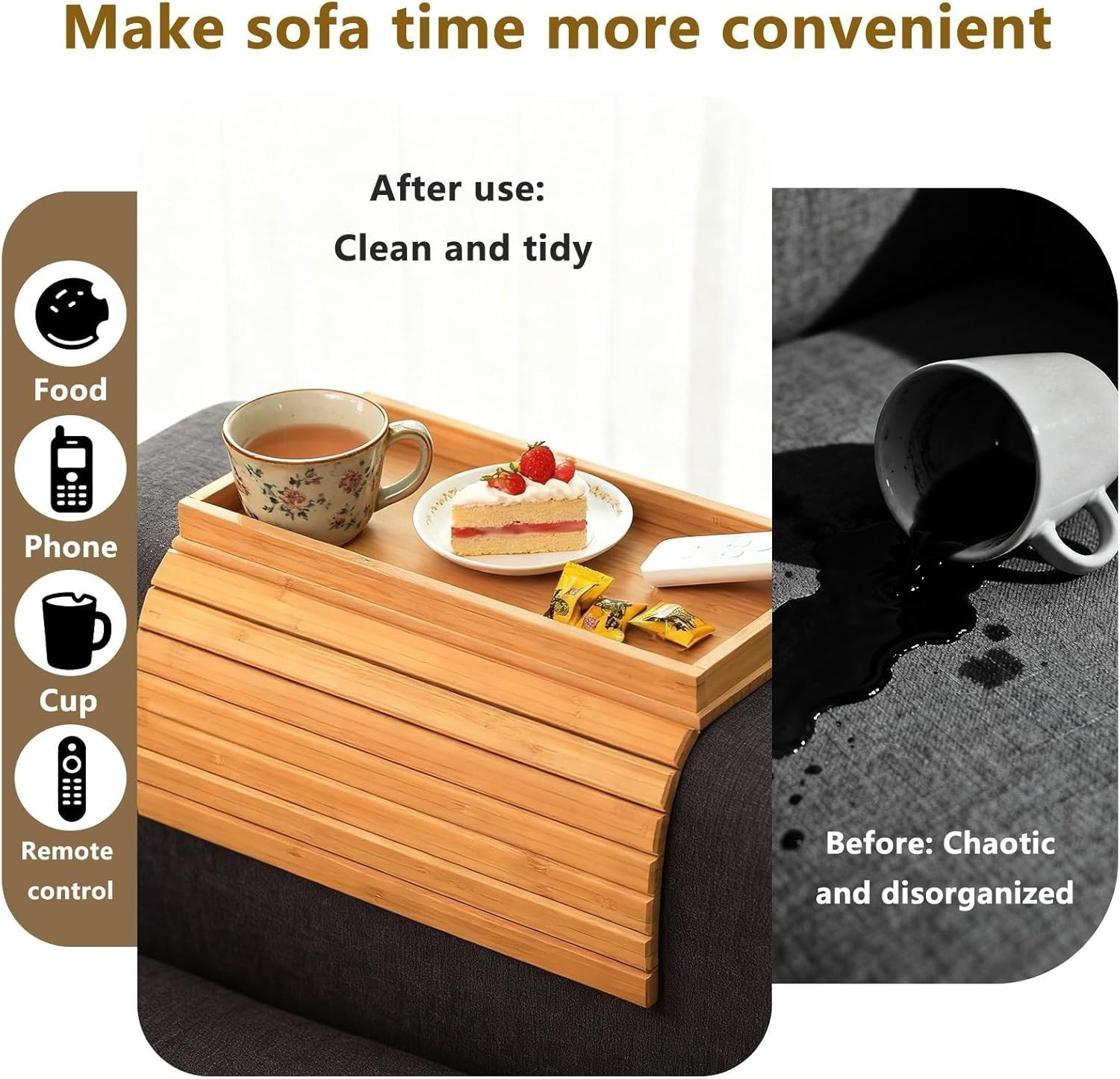 Bamboo Couch Arm Tray Table Foldable Sofa Rest W/ Non-Slip Base Portable