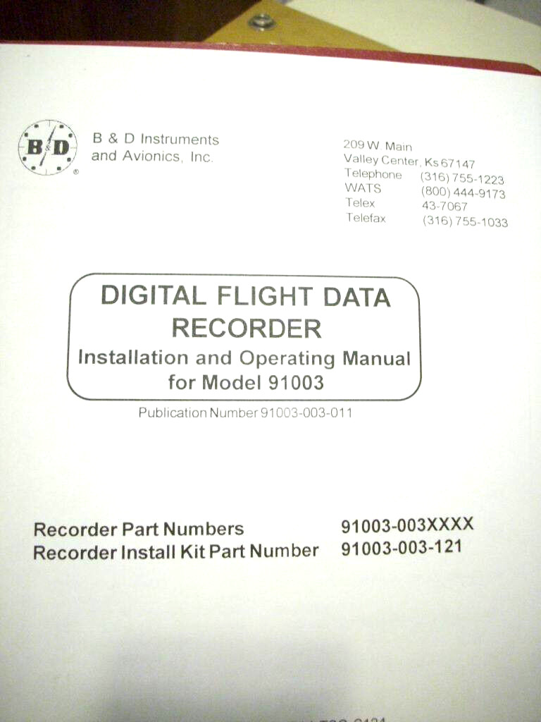 B & D Instruments Digital Flight Data Recorder 91003 Install Manual