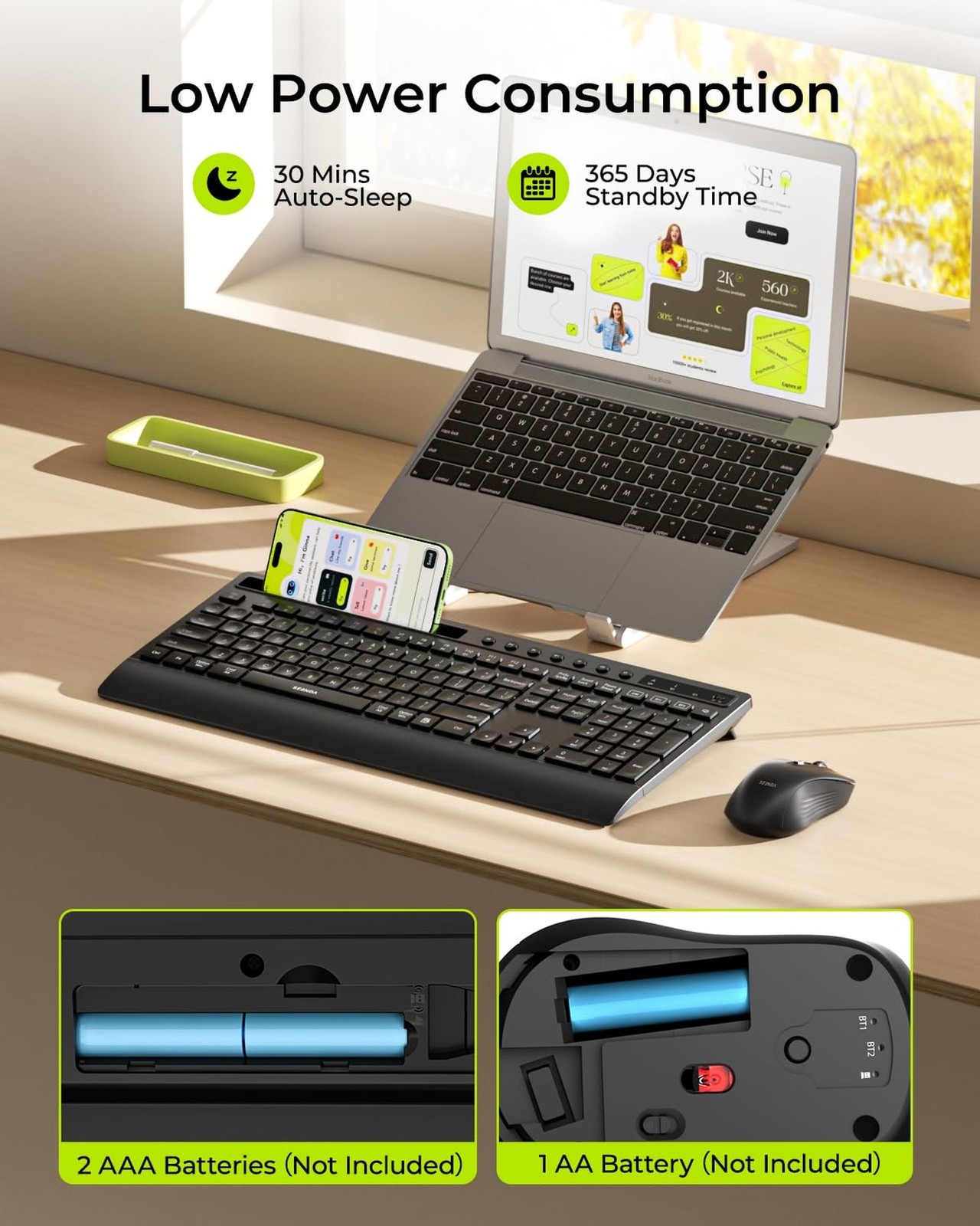 seenda Bluetooth Keyboard and Mouse Combo, Multi-Device Ergonomic Keyboard Mo...