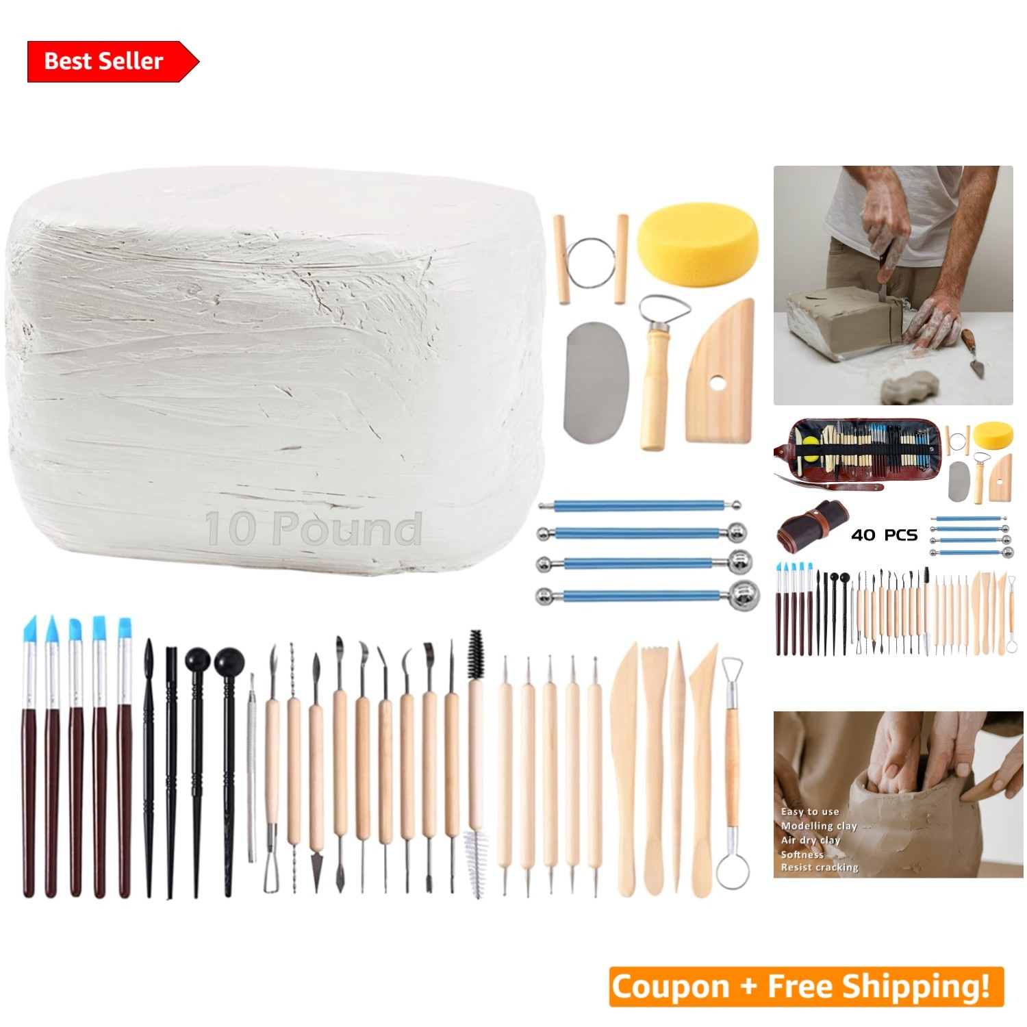 Versatile 10LB White Clay with Complete 40 Piece Pottery Tool Set for Sculpting