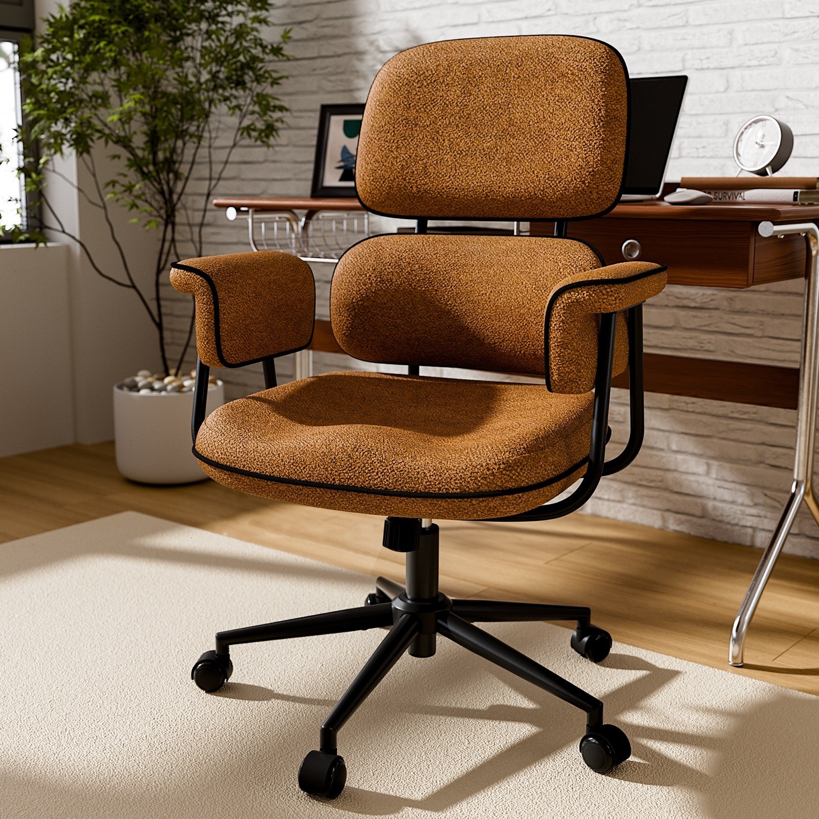Mid Back Office Desk Chair Linen Fabric Wide Arms Molded Cotton Cushion Vintage