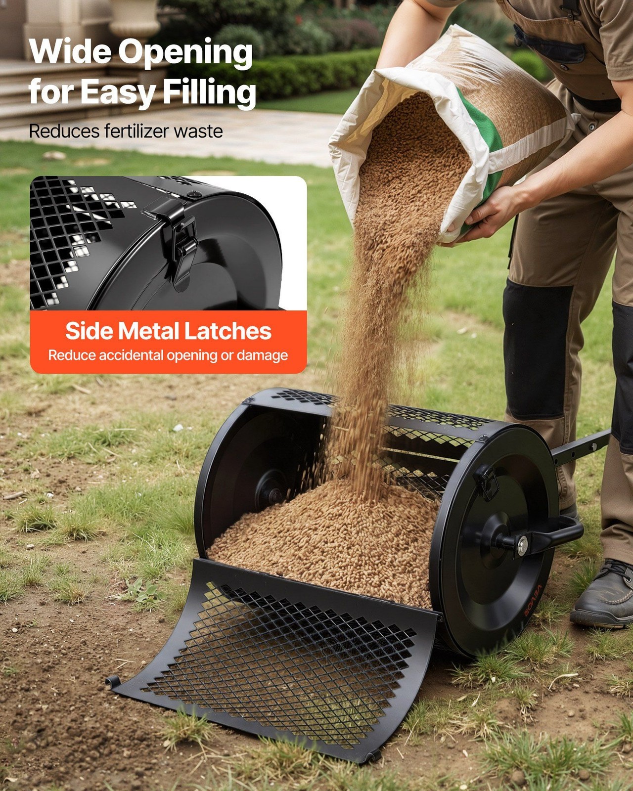 Compost Spreader 16.5in Wide, Steel Drum, 3-Height Adjustable T-Handle, Black