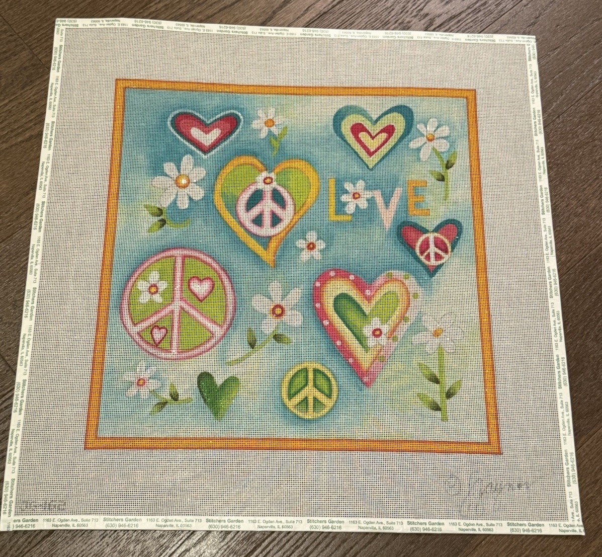 Stitchers Garden Peace & Love Hearts Hand Painted Needlepoint Canvas