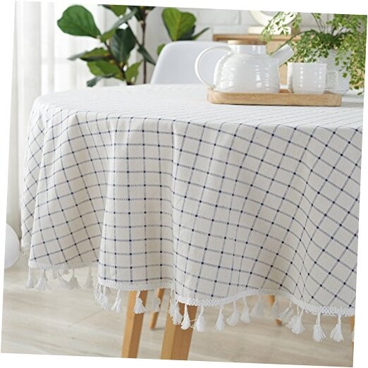 Checkered Tassel Tablecloth Cotton Linen Dust-Proof Round, 60 Inch White/Blue