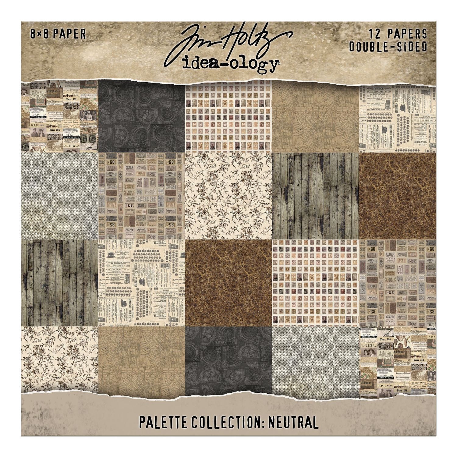 Tim Holtz 94473 Ideaology Paper Pallette Collection Neutral 8x8 12pc DoubleSided