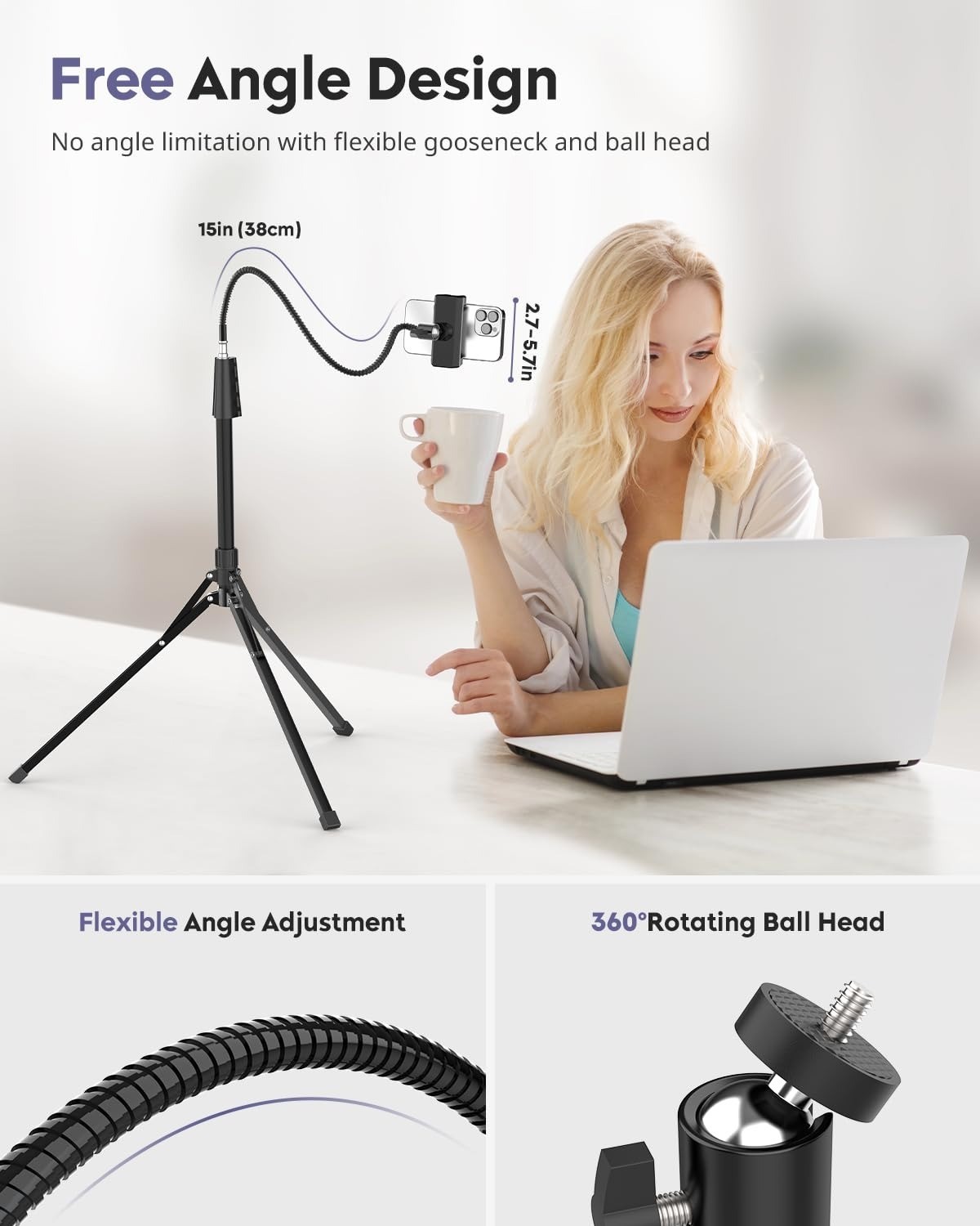 Aureday Phone Tripod 92" with Gooseneck & Remote for iPhone Android