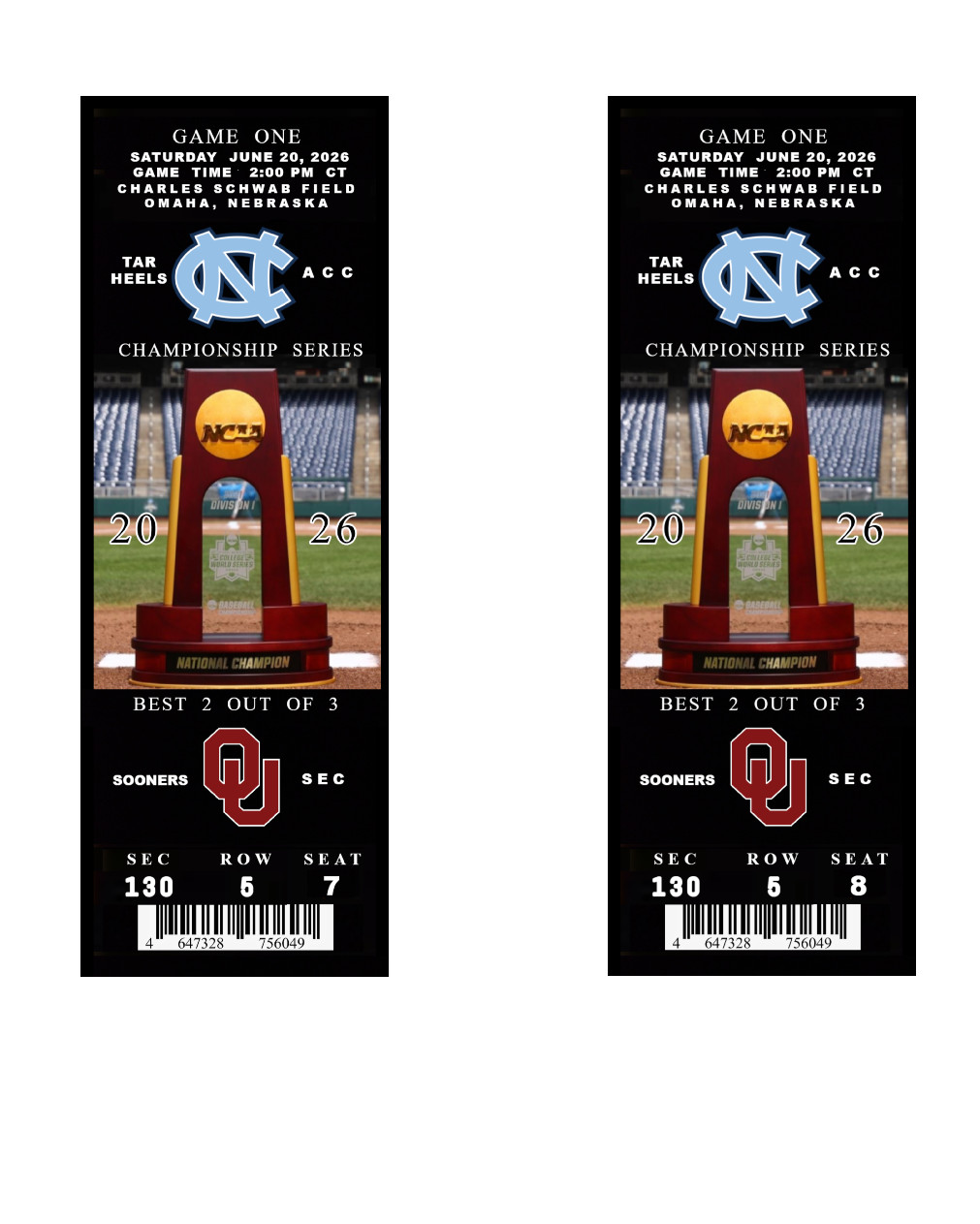CWS 2026 COLLEGE WORLD SERIES GAME 1 CHAMPIONSHIP SERIES OU VS UNC 2 COMMEMO TIX