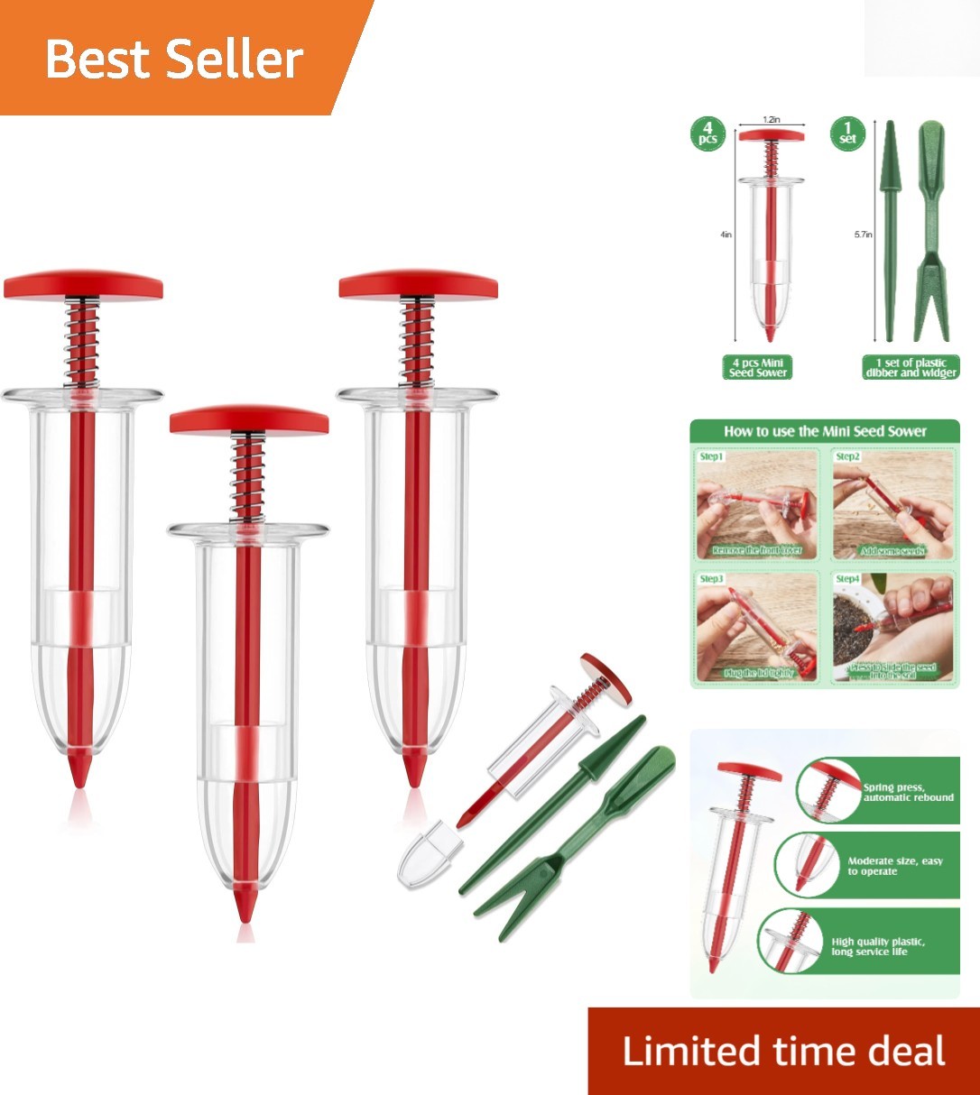 Red Mini Garden Seed Planter - 6 Pcs Sowing Tools with Transplanting Accessories