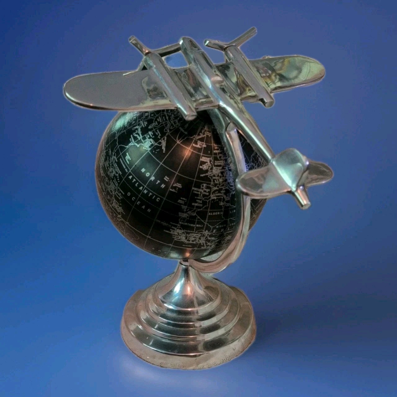 Vintage Style World Globe Black & Silver Metal Plane 15" Tall Tabletop Desktop