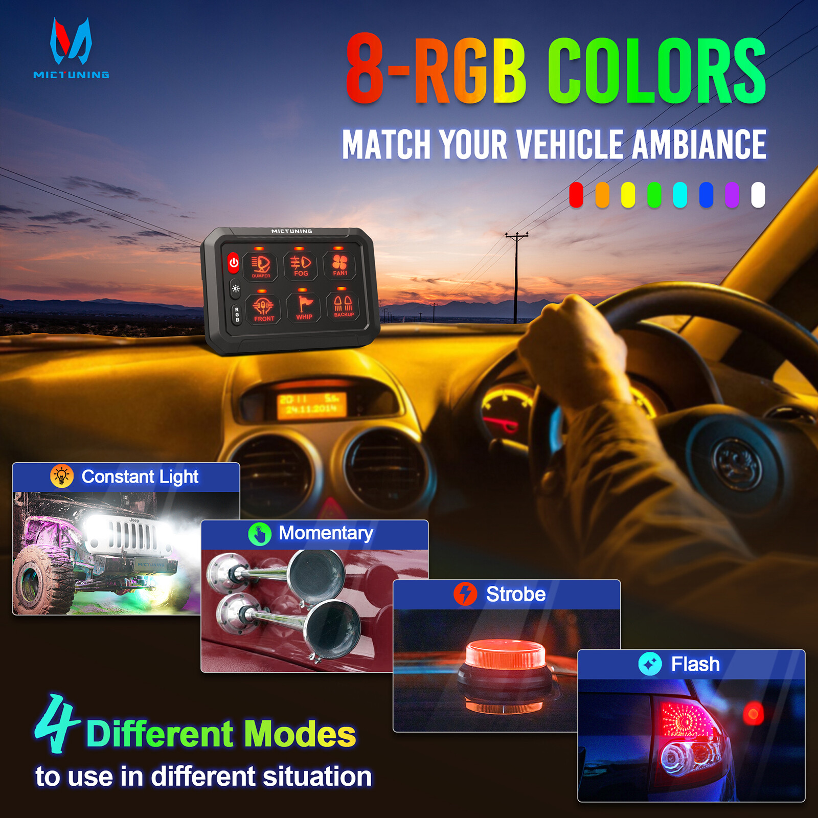 MICTUNING 6 Gang RGB Switch Panel LED 12/24V Toggle Momentary Strobe Relay Box