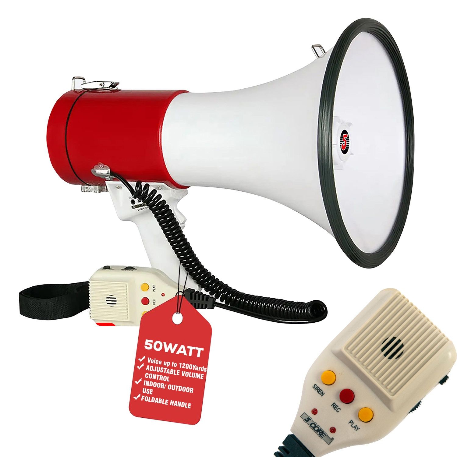5 Core 50W Megaphone Bull Horn PA Speaker w/ 1200 Yards Range Loud Siren