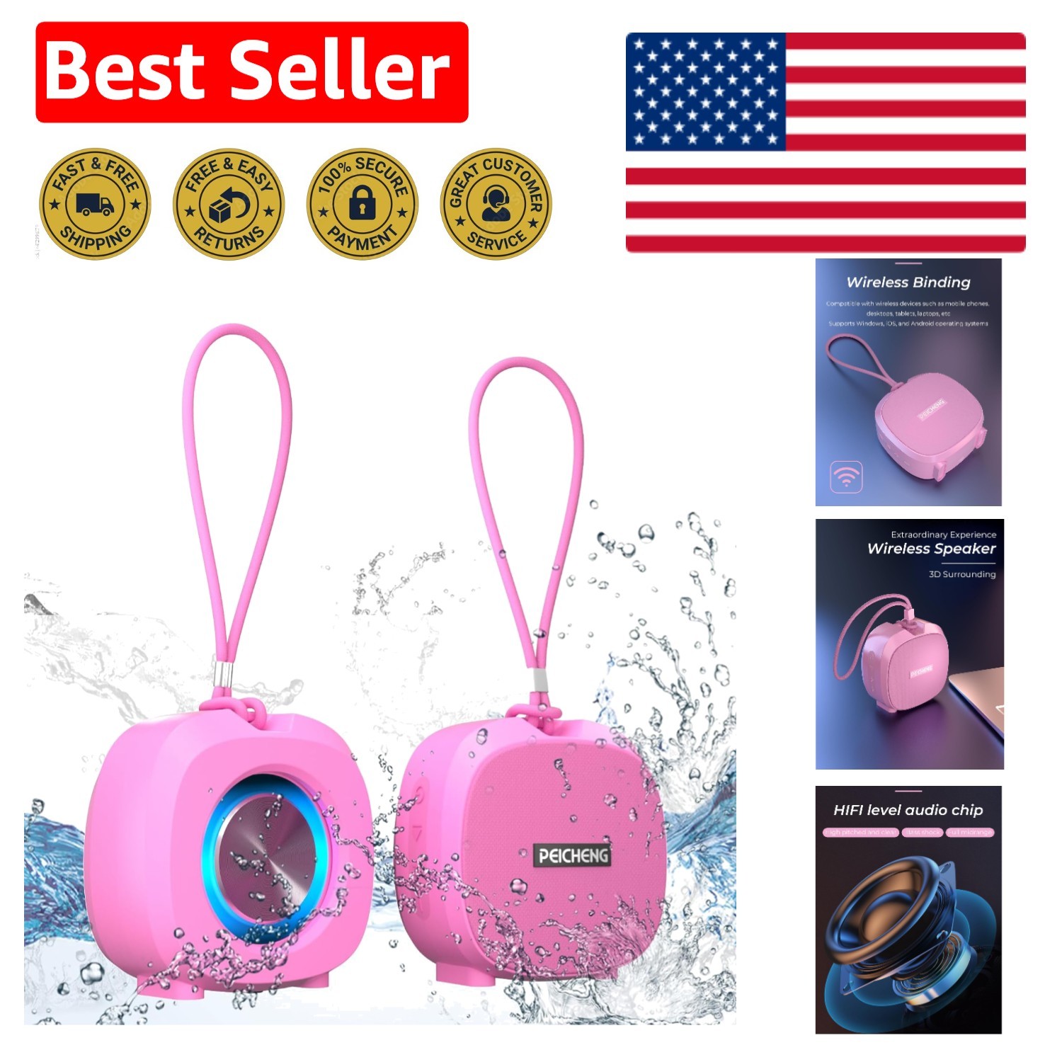 All-Weather Pink Bluetooth Speaker - Loud Sound, RGB Lights for Parties & Travel