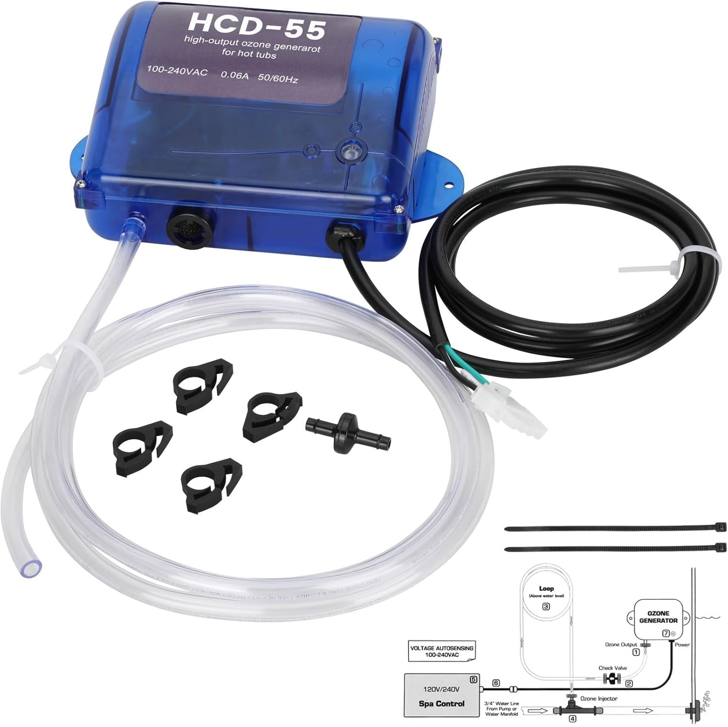 HCD-55 Spa Ozone Generator Kit 55mg/hr 1500 Gal Hot Tub Swim Spa Universal 110V