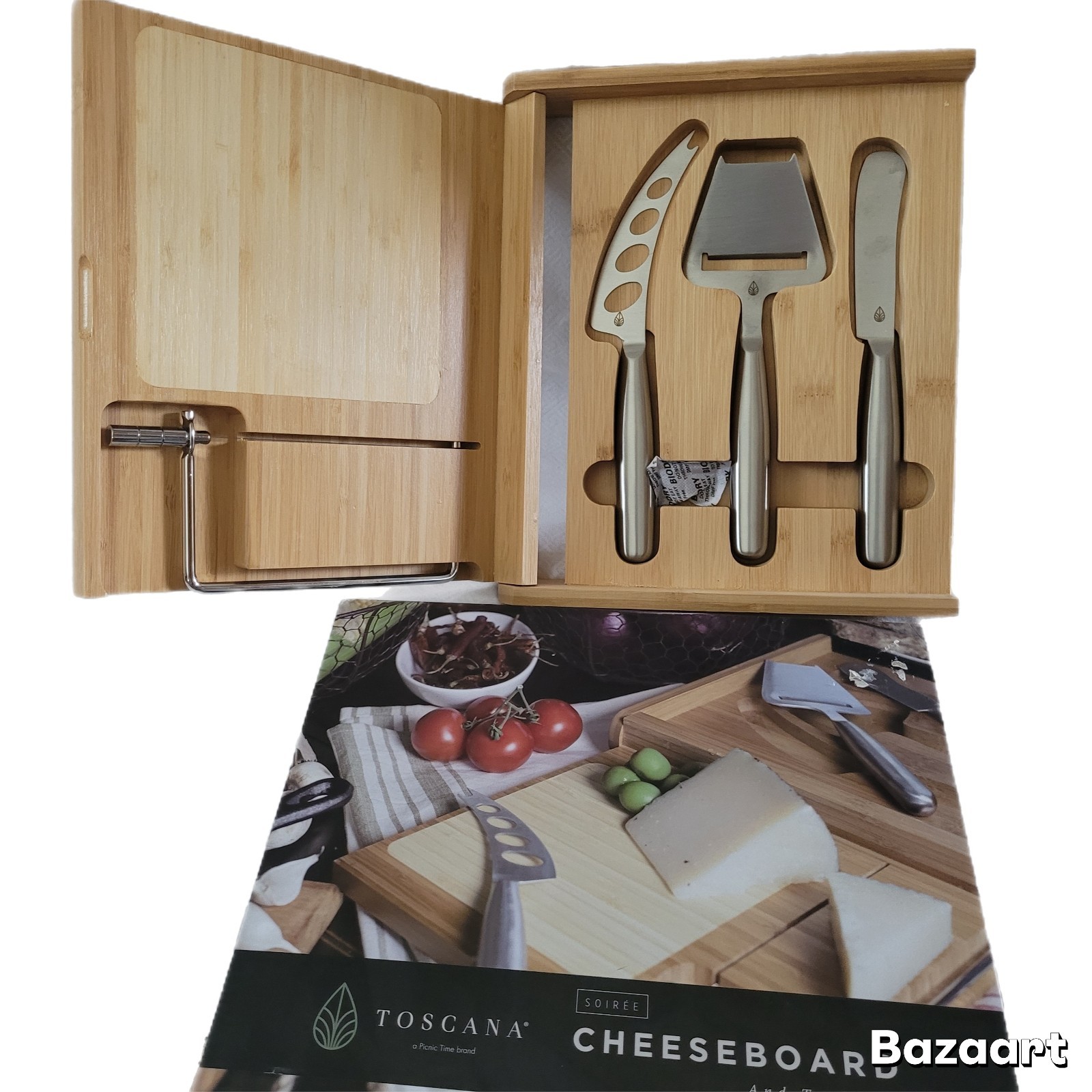 Soiree Toscana Folding Bamboo Cheeseboard Stainless Steel Tools And Wire Slicer