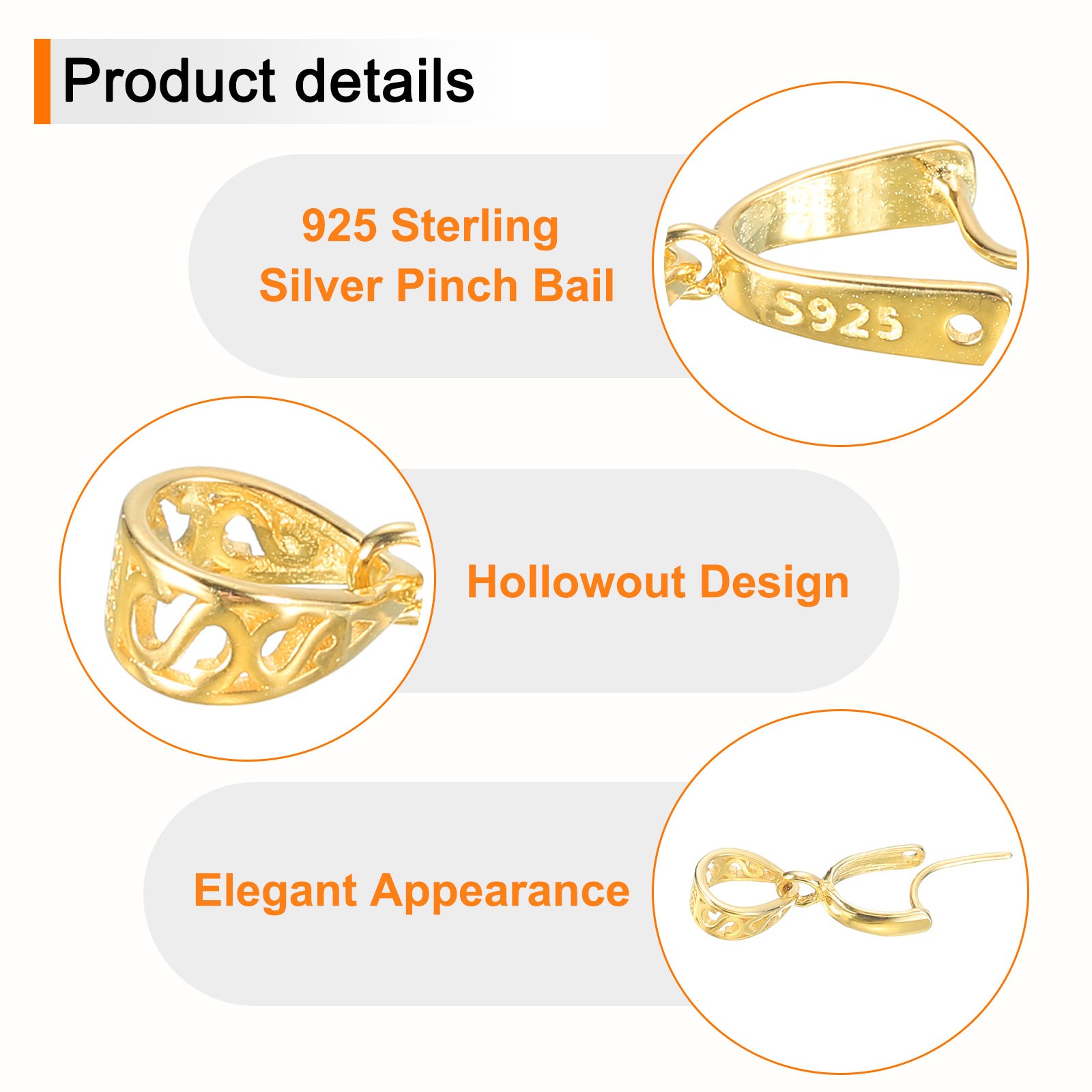 2Pcs 925 Sterling Silver Pinch Bail, 14mm Pendant Bail Clasp Connector, Gold