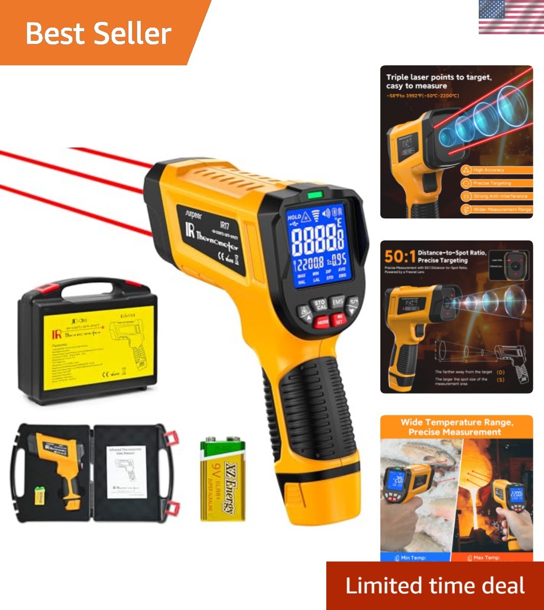 Infrared Pyrometer -50 to 3992°F with 50:1 Ratio, Ideal for Forges & Furnaces