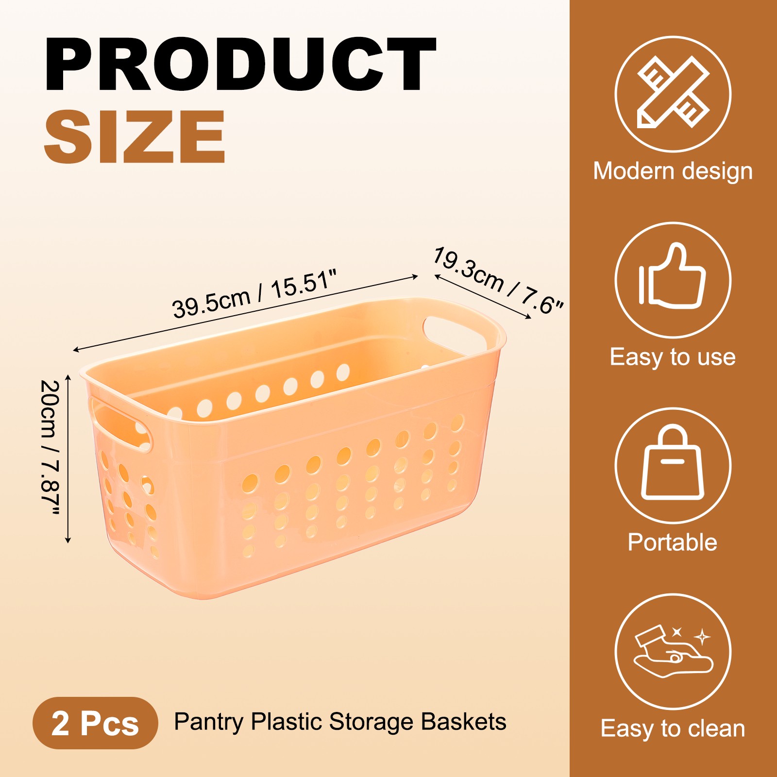 2Pack 15.55x7.87x7.6" Pantry Plastic Storage Baskets Orange