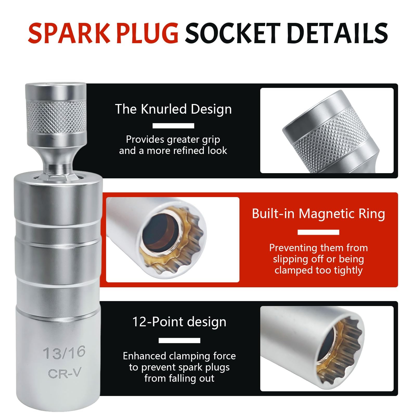 13/16'' Spark Plug Socket Set Thin Wall 12 Point 3/8" Drive Magnetic Spark...