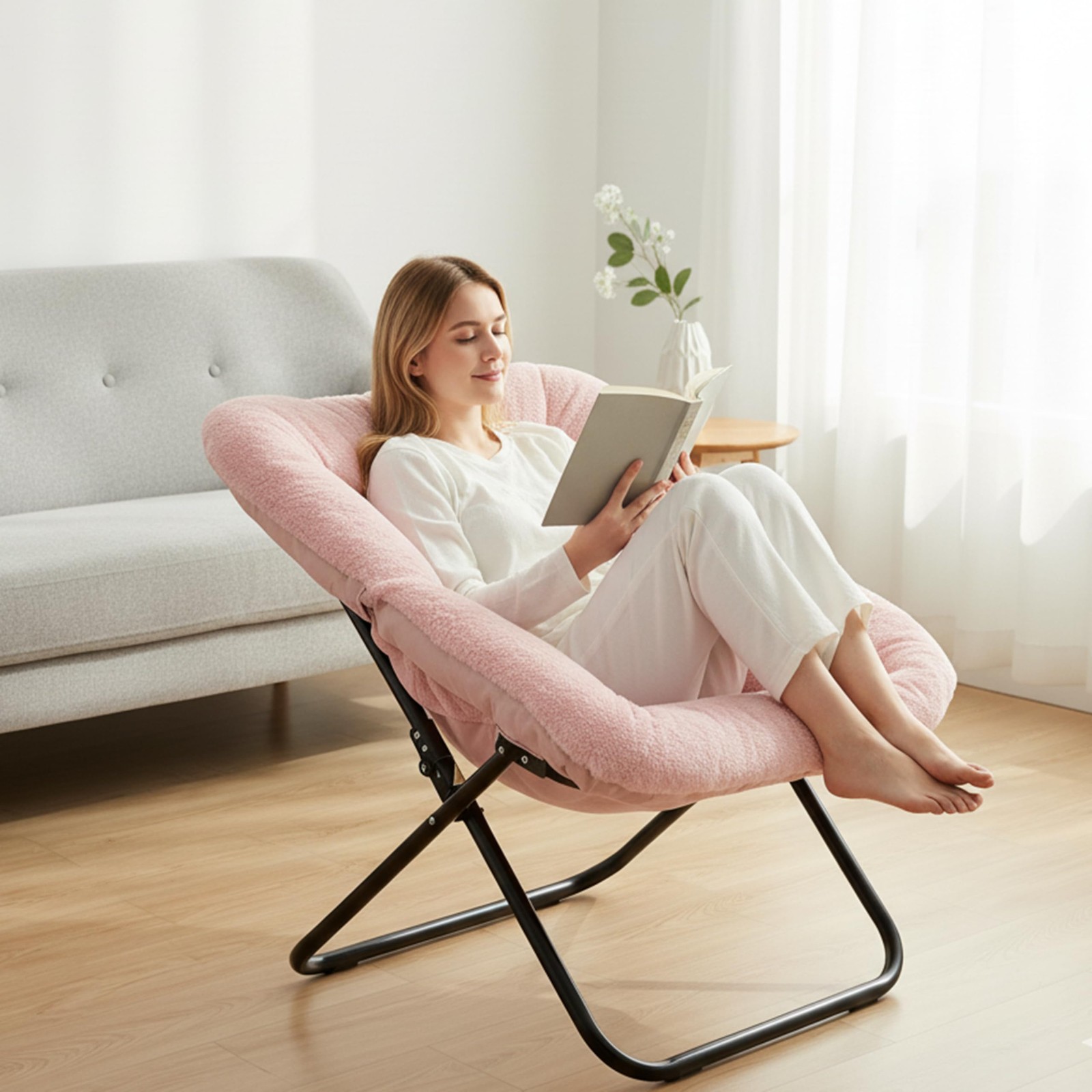 Large Saucer Chair for Adults Oversized Folding Faux-Fur Metal Lounge Chair Pink