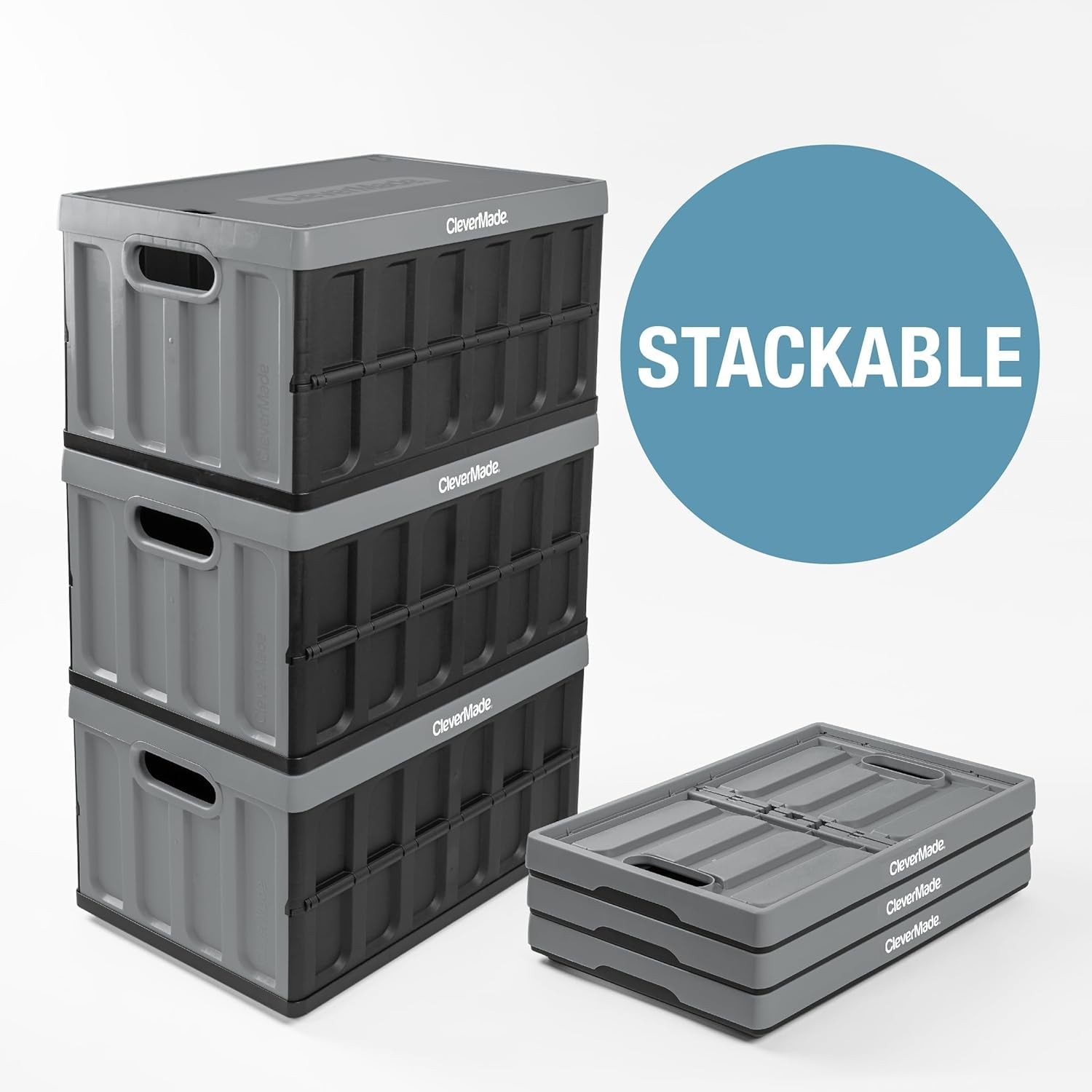CleverMade Collapsible Storage Bins with Lids, 62L, 3 Pack, Stone