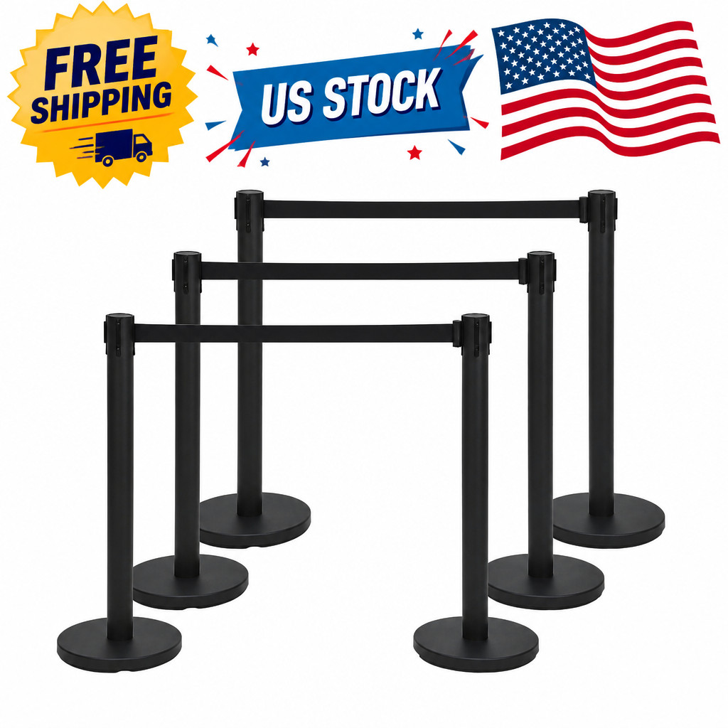 Crowd Control Stanchion Set, 6 Pack Black Stanchions with 6.6Ft Sturdy Retractab