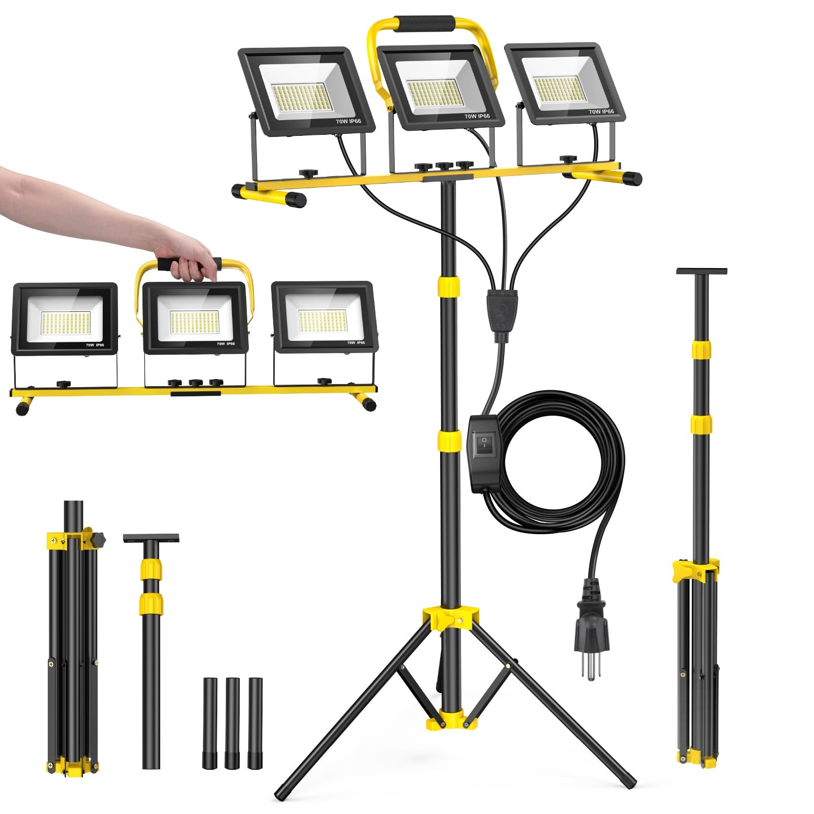 Upgraded LED Work Lights with Stand, 21000 Lumen 3-Head Adjustable Work Light, I